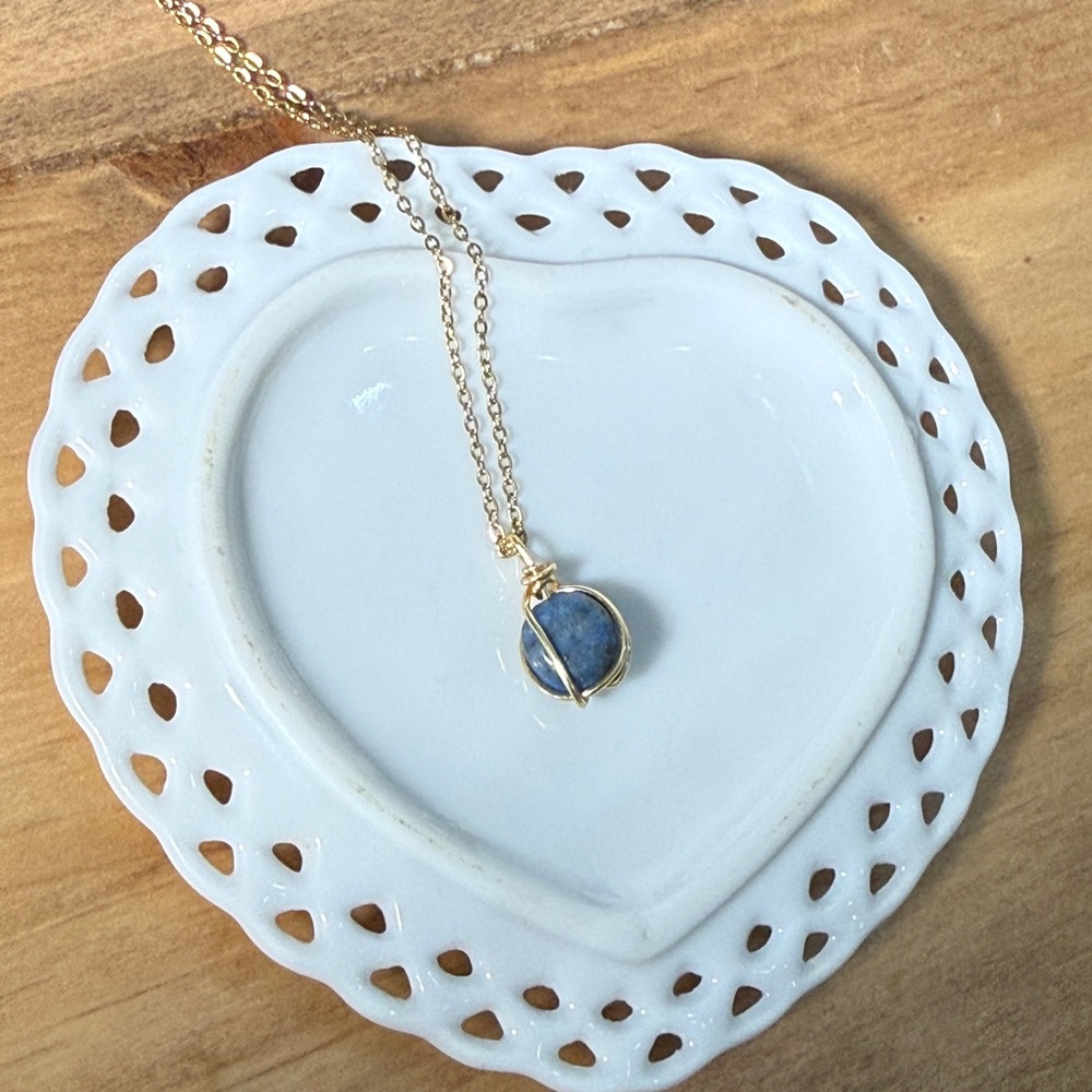 Genuine Lapis Lazuli Gold Wire‑Wrapped Pendant Necklace • 18K Gold Plated Chain